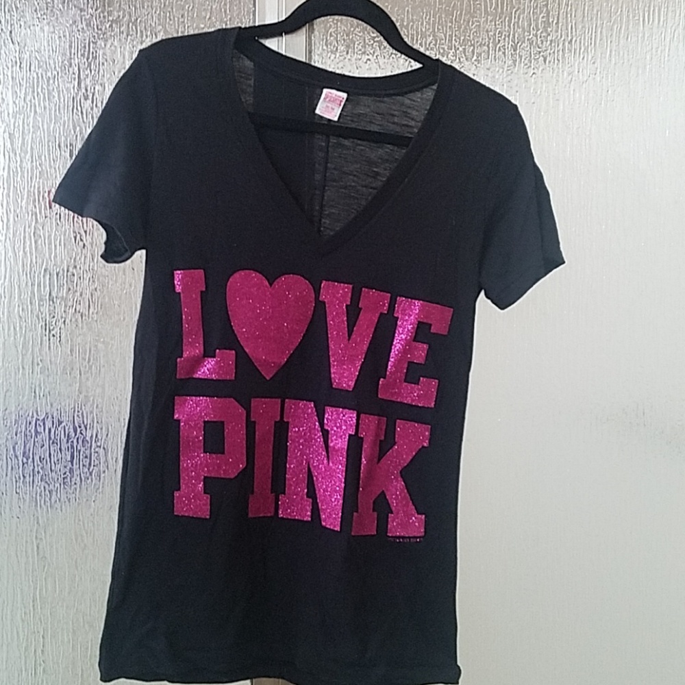 Victoria Secret Pink Black vneck glitter tshirt